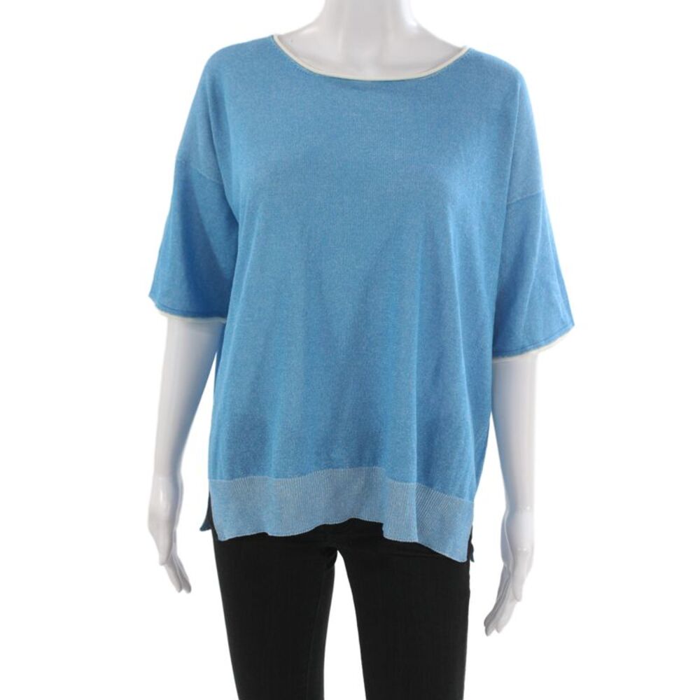 Bruno Manetti Women Blue Basic Round Neck Short Sleeve Blouse Size 46